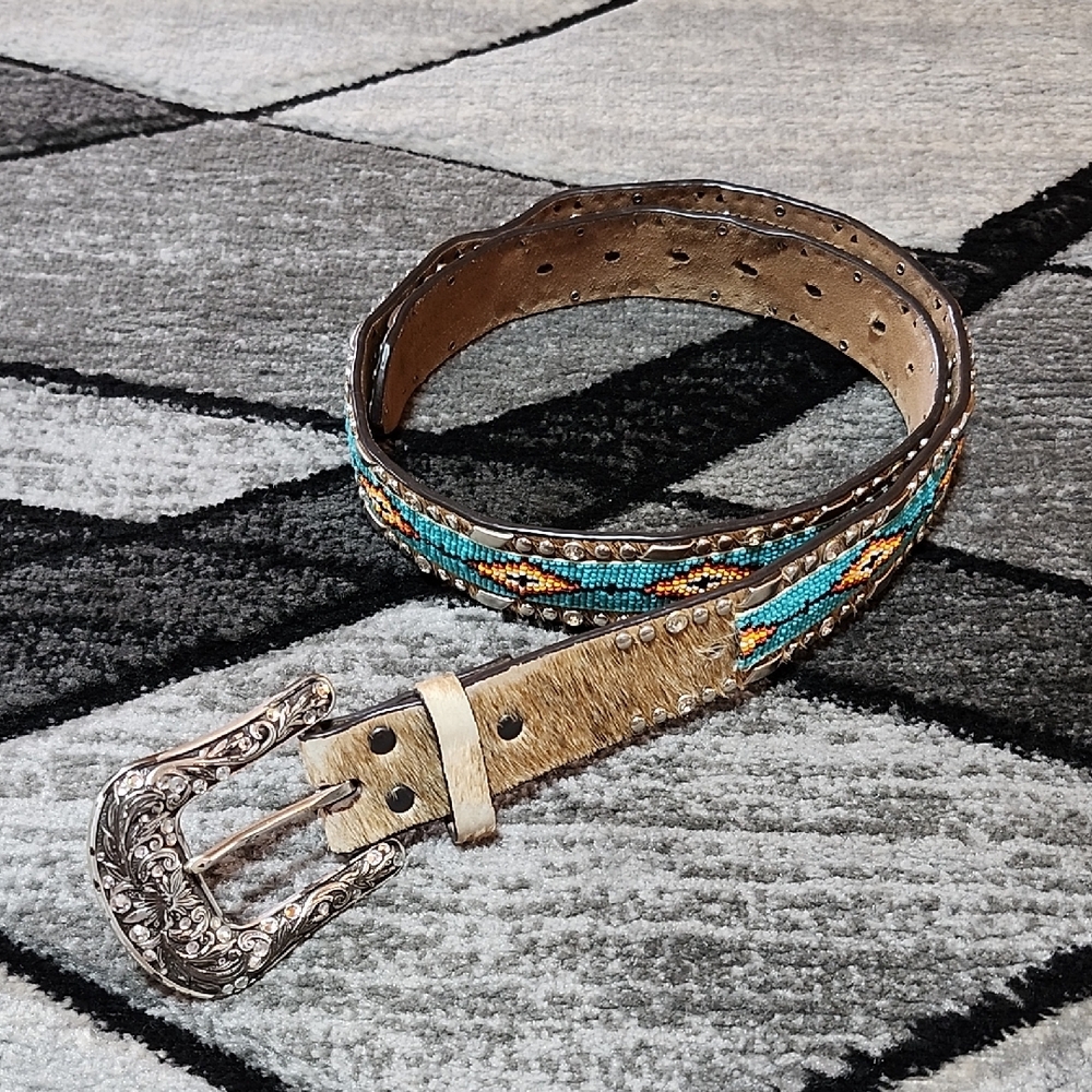 ARIAT AZTEC BEADED INLAY COW-HAIR RHINESTONES GENUINE LEATHER BELT